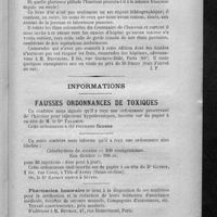 0501 - Page 475 - Bibliographie. Centenaire de l'internat en pharmacie des hôpitaux et hospices civils de Paris. Histoire documentaire de la pharmacie dans les hôpitaux et hospices civils de Paris, de la Révolution à 1918, par A. Goris... (Imprimerie de la Cour d'Appel..., Paris) / Informations. Fausses ordonnances de toxiques / Pharmacien honoraire / Occasion