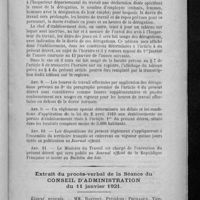 0011 - Page 5 - Nouveau projet de décret portant règlement d'administration publique pour l'application de la loi du 23 avril 1919 sur la journée de huit heures dans les pharmacies, communiqué par le Ministre du travail / Extrait du procès-verbal de la séance du Conseil d'administration du 11 janvier 1921