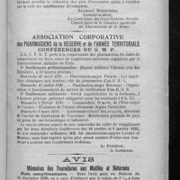 0041 - Page 35 - Bénéfices de guerre. Comment chiffrer l'inventaire du 31 décembre 1920 / Association corporative des pharmaciens de la réserve et de l'armée territoriale. Conférences du G. M. P / Avis