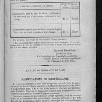 0129 - Page 121 - Tableaux des abattements, réductions et majorations d'impôt général sur le revenu et des impôts cédulaires / Faculté de pharmacie de Paris. Manipulations de bactériologie