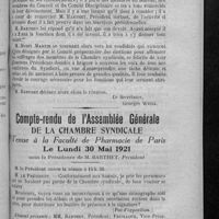 0219 - Page 211 - Séance du comité préparatoire des élections tenue le jeudi 19 mai 1921 en vue de la désignation des candidatures au prochain bureau / Compte-rendu de l'Assemblée générale de la Chambre syndicale. Tenue à la Faculté de pharmacie de Paris. Le lundi 30 mai 1921