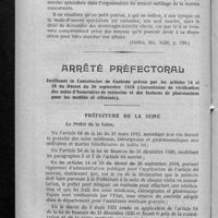 0438 - Page 428 - Loi du 9 avril 1898. Fournitures pharmaceutiques. - Exagération prétendue des médicaments ou substances fournies. - Condamnation / Arrêté préfectoral instituant la Commission de contrôle prévue par les articles 14 et 19 du décret du 26 septembre 1919 (Commission de vérification des notes d'honoraires de médecins et des factures de pharmaciens pour les mutilés et réformés). Préfecture de la Seine
