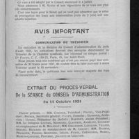 0465 - Page 453 - Voeu relatif à la prorogation des baux des locaux industriels et commerciaux / Avis important / Extrait du procès-verbal de la séance du Conseil d'administration du 11 octobre 1921