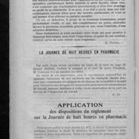 0500 - Page 486 - Extension de la capacité civile des Syndicats (Suite). Les opérations commerciales permises. - Les marques syndicales patronales / La journée de huit heures en pharmacie / Application des dispositions du règlement sur la journée de huit heures en pharmacie