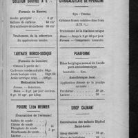 0539 - Page 525 - Renseignements pratiques. Solution soufrée à 6 % / Tartrate borico-sodique / Poudre Léon Meunier / Citrosalicylate de pipérazine / Paraforme / Sirop calmant