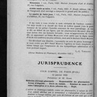 0086 - Page 80 - Les lettres dans la famille pharmaceutique. Anna Marliani / Jurisprudence. Cour d'appel de Paris (5e Ch.). 12 janvier 1922. Médecine-chirurgie-pharmacie. - Responsabilité des pharmaciens. - Erreur d'étiquette. - Décès du malade. - Relation de cause à effet entre l'absorption et le décès (absence de). - Rejet