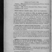 0096 - Page 90 - Conseil de la Fédération des sociétés pharmaceutiques d'arrondissements de Paris et de la Seine. Séance du 27 janvier 1922. Suite à donner à la question de l'office des produits chimiques / Compte-rendu de la séance du Comité intersyndical / Affiliation à la Fédération des commerçants détaillants / Vérification des poids et mesures