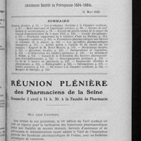 0103 - Page sans numérotation - Sommaire / Réunion plénière des pharmaciens de la Seine. Dimanche 2 avril à 14 h. 30, à la Faculté de pharmacie