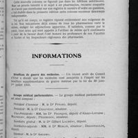 0145 - Page 137 - Bibliographie. Comptabilité pratique des substances vénéneuses inscrites au tableau B, par L.-G. Toraude... / Informations. Bénéfices de guerre des médecins / Groupe médical parlementaire