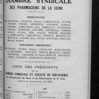 0523 - Page 461 - Liste des membres de la Chambre syndicale des pharmaciens de la Seine / Liste des présidents de la Chambre syndicale et Société de prévoyance des pharmaciens de Paris et du département de la Seine depuis sa fondation, en 1824