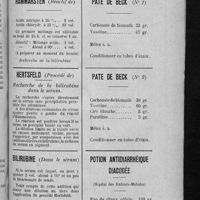 0891 - Page 701 - Formulaire des pharmaciens de la Seine. Formulaire par fiches. Hammarsten (Réactif de) / Hertsfeld (Procédé de) / Bilirubine (Dans le sérum) / Pâte de Beck (n° 1) / Pâte de Beck (n° 2) / Potion antidiarrhéique diacodée (Hôpital des Enfants-Malades)
