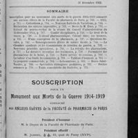 0901 - Page 709 - Sommaire / Souscription pour un monument aux morts de la guerre 1914-1919 consacré aux anciens élèves de la Faculté de pharmacie de Paris