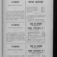 0061 - Page 55 - Formulaire des pharmaciens de la Seine. Formulaire par fiches. Vitamines facteur A (de croissance) / Vitamines facteur B (antinévrétique) / Vitamines facteur C (antiscorbutique) / Mixture insectifuge / Eaux de boisson (purification des) / Eaux de boisson (purification des)