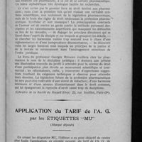 0063 - Page 57 - Bibliographie. Le droit de la profession pharmaceutique, par Georges Renard..., préface par M. le Docteur L. Bruntz... ; Introduction déontologie par M. Lafontaine... / Application du tarif de l'A. G. par les étiquettes « MU » (Marque déposée)