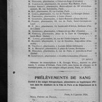 0122 - Page 114 - Monument aux Morts de la Guerre 1914-1919 consacré aux pharmaciens et étudiants en pharmacie de France (A suivre) / Prélèvements de sang destiné à des usages thérapeutiques, alimentaires ou hygiéniques effectués dans les abattoirs de la ville de Paris et du département de la Seine
