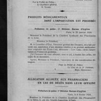 0124 - Page 116 - Prélèvements de sang destiné à des usages thérapeutiques, alimentaires ou hygiéniques effectués dans les abattoirs de la ville de Paris et du département de la Seine / Produits médicamenteux dont l'importation est prohibée / Allocation allouée aux pharmaciens en cas de décès dans leur officine