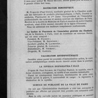 0200 - Page 190 - Informations. Monuments aux morts / Distinction honorifique / Vaccination antidiphtérique / La syphilis disparaîtra-t-elle / Service de publicité de la ville de Paris / Enregistrement des diplômes
