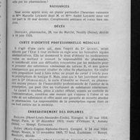 0423 - Page 409 - Informations. Les pharmaciens et l'hygiène publique / Naissances / [Nécrologie]. Décès. [Destigny] / Carte d'identité professionnelle médicale / Enregistrement des diplômes