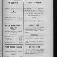 0533 - Page 511 - Formulaire des pharmaciens de la Seine. Formulaire par fiches. Vin composé / Potion expectorale (adultes) (Assistance médicale à domicile de la Seine) / Potion tonique (adultes) (Assistance médicale à domicile de la Seine) / Hemo-Cyto-Serum / Agomensine / Sistomensine