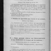 0582 - Page sans numérotation - I. Liste limitative des toxiquesque les sages-femmes sont autorisées à prescrire à leurs clients ou à demander pour l'exercice de leur profession (arrêté du 22 mai 1917) / II. Règles générales relatives aux prescriptions et aux demandes de toxiques par les praticiens