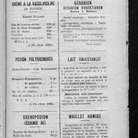 0719 - Page 683 - Formulaire des pharmaciens de la Seine. Formulaire par fiches. Crème à la vasolanoline (de Darier) / Potion polybromurée / Chenopodium (essence de) / Géranion géranium robertianum. Herbe à Robert / Lait (injectable) / Maillot humide