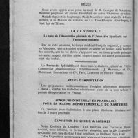 0147 - Page 138 - Informations. [Nécrologie]. Décès. [M. Georges de Mazières] / La vie syndicale. Le vote de l'Assemblée générale de l'union des Syndicats sur l'assurance-maladie / Refus d'importation / Concours d'internat en pharmacie pour la maison départementale de Nanterre / Expositions de chimie à Londres