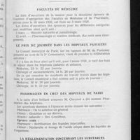 0090 - Page 89 - Informations renseignements divers. Facultés de médecine / Le prix de journée dans les hôpitaux parisiens / Pharmacien en chef des hôpitaux de Paris / La réglementation concernant les substances thérapeutiques