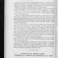 0119 - Page 118 - Le banquet du centenaire de la Chambre syndicale. Allocution prononcée par M. Faure, président de la Chambre syndicale des fabricants de produits pharmaceutiques / Discours de M. Fanton d'Andon président du Syndicat des médecins de la Seine