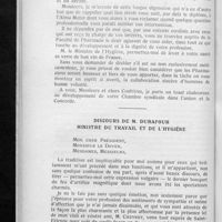 0123 - Page 122 - Le banquet du centenaire de la Chambre syndicale. Discours de M. le Professeur Radais doyen de la Faculté de pharmacie / Discours de M. Durafour ministre du travail et de l'hygiène