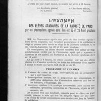 0217 - Page 216 - Extrait du procès-verbal de la séance du Conseil d'administration du mercredi 10 mars 1926 / L'examen des élèves stagiaires de la Faculté de Paris par les pharmaciens agréés aura lieu les 22 et 23 avril prochains