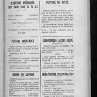 0320 - Page 315 - Formulaire des pharmaciens de la Seine. Formulaire par fiches (par E. D.). Glycérine phéniquée (Hop. Saint-Louis O. R. L.) / Peptone injectable / Iodure de caféine / Peptone de Witte / Iodhydrique (acide) dilué / Génatropine (chlorydrate de)
