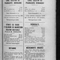 0514 - Page 505 - Formulaire des pharmaciens de la Seine. Formulaire par fiches (par E. D.). Lugol (solution de) (pharmacopée américaine) / Citrate de soude et chlorure de magnésium (solution injectable) (formule M. Renaud) / Histamine / Lugol (solution de) (pharmacopée germanique) / Phénosalyl / Médicaments irradiés