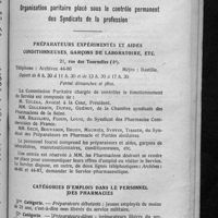 0616 - Page 605 - Placement du personnel des pharmacies. Organisation paritaire placé sous le contrôle permanent des Syndicats de la profession. Préparateurs expérimentés et aides conditionneuses, garçons de laboratoire, etc. / Catégories d'emplois dans le personnel des pharmacies