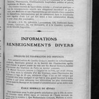 0618 - Page 607 - Bibliographie. Les soins gratuits aux victimes de la guerre, par le Docteur Quidet / Informations. Renseignements divers. Concours de pharmaciens des hôpitaux / École normale de sèvres / [Nécrologie]. Décès