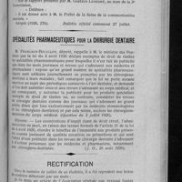 0710 - Page 695 - Assistance médicale gratuite. Communication d'une circulaire ministérielle concernant les spécialités pharmaceutiques (Séance du Conseil général) / Spécialités pharmaceutiques pour la chirurgie dentaire / Rectification