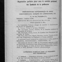 0717 - Page 702 - Placement du personnel des pharmacies. Organisation paritaire placé sous le contrôle permanent des Syndicats de la profession. Préparateurs expérimentés et aides conditionneuses, garçons de laboratoire, etc. / Catégories d'emplois dans le personnel des pharmacies