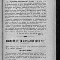 0880 - Page 853 - Entrevue des représentants de la Commission médico-pharmaceutique du Syndicat des médecins de la Seine et des membres du bureau de la Chambre syndicale des pharmaciens de la Seine / Paiement de la cotisation pour 1927