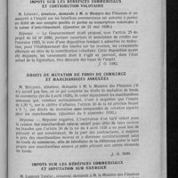 0898 - Page 871 - Questions de nature fiscale. Impôts sur les bénéfices commerciaux et contribution volontaire / Droits de mutation de fonds de commerce et marchandises annexées / Impôts sur les bénéfices commerciaux et imputation sur exercice
