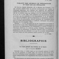 0899 - Page 872 - Questions de nature fiscale. Impôts sur les bénéfices commerciaux et imputation sur exercice / Publicité dans journaux de préparateurs et taxe sur les spécialités / Bibliographie. Les soins gratuits aux victimes de la guerre par le Docteur Quidet