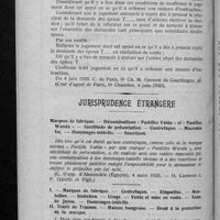 0907 - Page 880 - Jurisprudence commerciale. Fonds de commerce. - Vente. - Intermédiaire. - Mandataire du vendeur. - Chiffre d'affaires. - Résiliation. - Réduction du prix / Jurisprudence étrangère. Marques de fabrique. - dénominations « Pastilles Valda » et « Pastilles Wanda ». - Similitude de présentation. - Contrefaçon. - Mauvaise foi. - Dommages-intérêts. - Insertions / I. Marques de fabrique. - Contrefaçon. - Etiquettes. - Bouteilles. - Imitation. - Usage. - Vente et mise en vente. - Eau de Janos. - Dommages-intérêts / II. Traité de Trianon. - Maison hongroise. - Droit à la protection de la marque