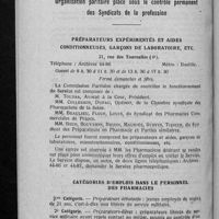 0915 - Page 888 - Placement du personnel des pharmacies. Organisation paritaire placé sous le contrôle permanent des Syndicats de la profession. Préparateurs expérimentés et aides conditionneuses, garçons de laboratoire, etc. / Catégories d'emplois dans le personnel des pharmacies