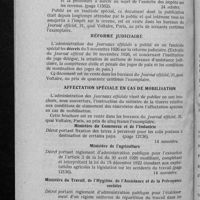 0919 - Page 892 - Informations. Renseignements divers. A travers le « Journal officiel » / Réforme judiciaire / Affectation spéciale en cas de mobilisation