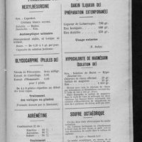 1004 - Page 965 - Formulaire des pharmaciens de la Seine. Formulaire par fiches (par E. D.). Hexylrésorcine / Glycocaprine (pilules de) / Aurémétine / Dakin (liqueur de) (préparation extemporanée) / Hypochlorite de magnésium (Solution de) / Soufre octaèdrique