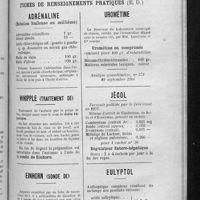 0423 - Page 411 - Formulaire des pharmaciens de la Seine. Fiches de renseignements pratiques (E. D.). Adrénaline / Whipple (Traitement de) / Einhorn (Sonde de) / Urométine / Jécol / Eulyptol