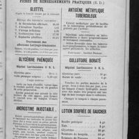 0037 - Page 33 - Formulaire des pharmaciens de la Seine. Fiches de renseignements pratiques (E.D.). Glottyl / Glycérine phéniquée / Androstine injectable / Antigène méthylique tuberculeux / Collutoire boraté / Lotion soufrée de gaucher