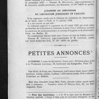 0090 - Page 86 - Informations. Renseignements divers. Liquidations judiciaires / Jugement de conversion de liquidation judiciaire en faillite / Petites annonces