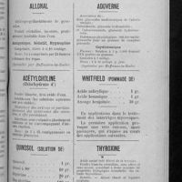 0499 - Page 485 - Formulaire des pharmaciens de la Seine. Fiches de renseignements pratiques (E. D.). Allonal / Acétylcholine / Quinosol (Solution de) / Adoverne / Whitfield (Pommade de) / Thyroxine