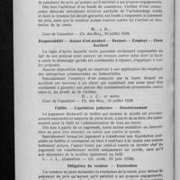 0898 - Page 874 - Jurisprudence commerciale. Vente - Résolutions - Propres engagements - Garantie / Responsabilité - Auteur d'un accident - Recours - Employé - Client accident / Faillite - Liquidation judiciaire - Dessaisissement / Obligation du vendeur - Inexécution