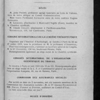 0911 - Page 887 - Informations. Renseignements divers. [Nécrologie]. Décès. [M. Jules Pierre ; Mme veuve Ferdinand Estrader ; M. Legrand ; M. Claude Collet] / Semaine internationale de la lumière thérapeutique / Congrès international de l'organisation scientifique du travail / Commission des Assurances sociales / Musée d'hygiène