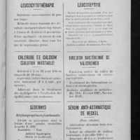 0959 - Page 933 - Formulaire des pharmaciens de la Seine. Fiches de renseignements pratiques (E. D.). Leucocytothérapie / Chlorure de calcium (solution injectable) / Sédormid / Leucoseptine / Emulsion bactérienne de vaudremer / Sérum anti-asthmatique de heckel